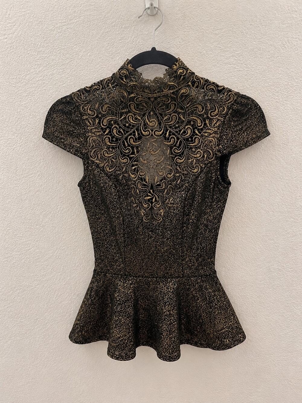 Windsor Black Gold Metallic Lace Peplum Top Mock Neck XS Gothic Victorian Y2K